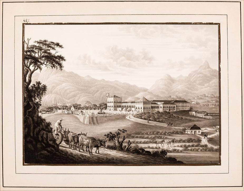 Pintura em preto e branco de paisagem rural de um engenho no Rio de Janeiro no século XIX.