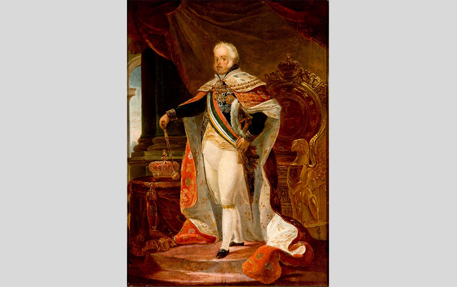 Retrato de Dom João VI, 1817, feita por Jean-Baptiste Debret. Pintura do Rei Dom João VI. Ele está em pé, em frente ao trono, com a mão na cintura e a outra segurando um pequeno cetro. 